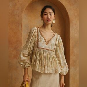 World Market BOHO Paisley Print Blouse Peasant Top Embroidered Tunic S/M